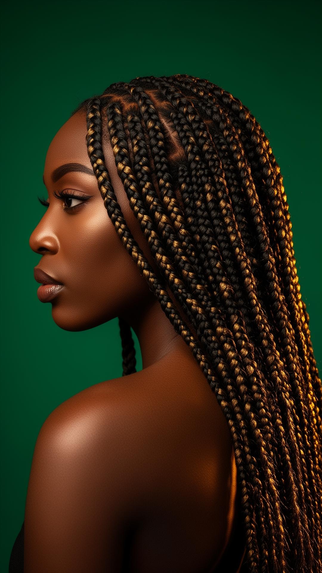 Stylized portrait — knotless braids with golden highlights